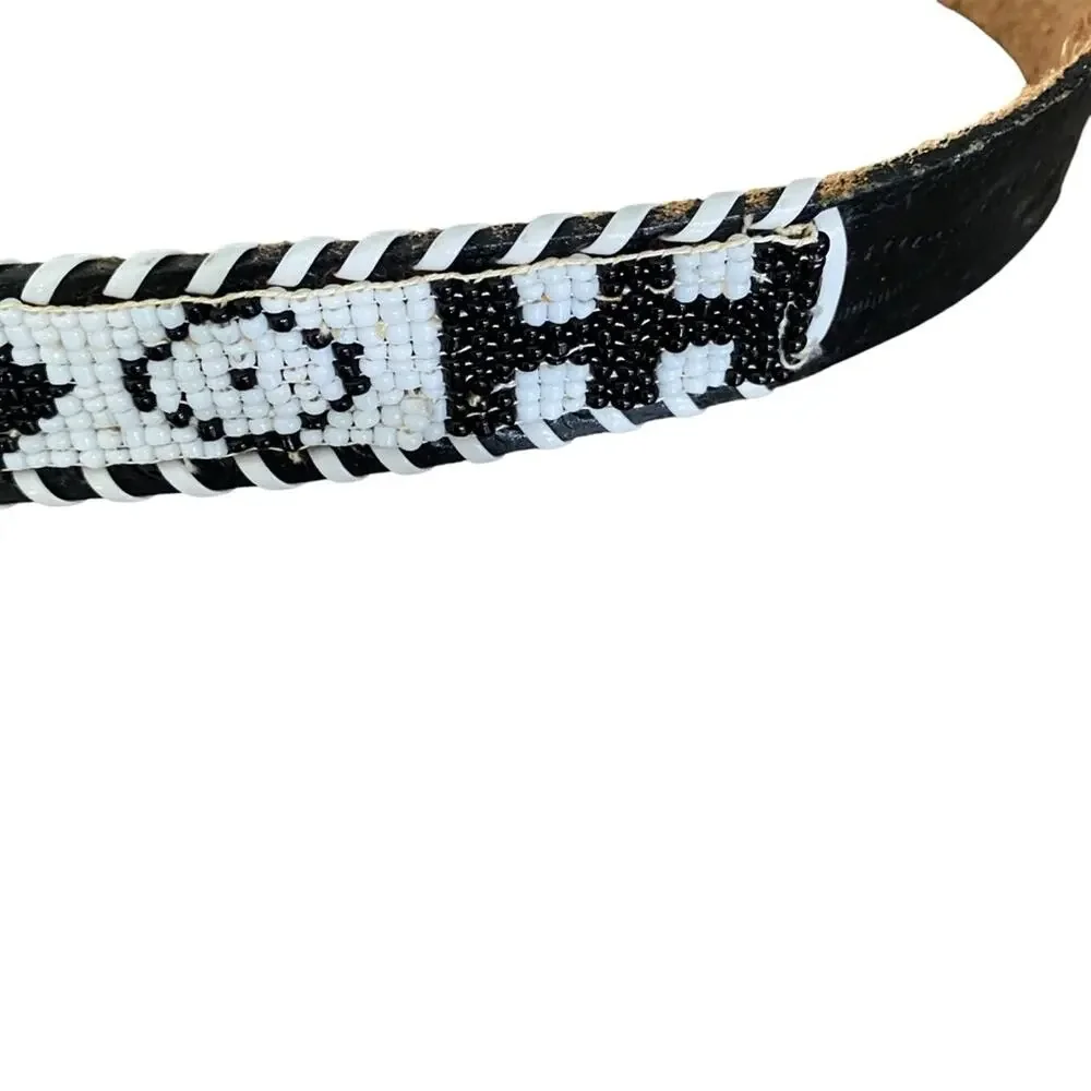 Vintage Western Beaded Swatch Belt size 28 Black White Leather